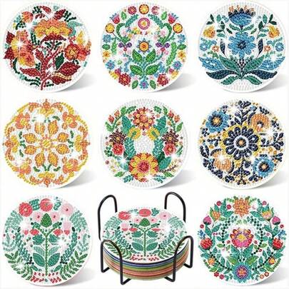 8件套彩色艺术花卉DIY钻石画杯垫套装，带支架，闪亮水钻工艺垫，打造活力家居桌面装饰