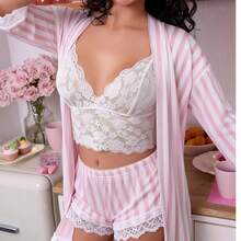 三件套优雅粉白条纹蕾丝边睡衣，四季皆宜 - 彩色 - 查看 4
