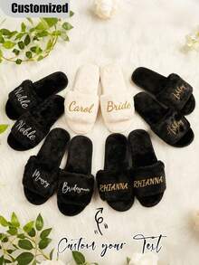 Customized Bridal Wedding Plush Slippers, Fashionable Bridesmaid Gift Decor, Stylish, Hippie, Minimalist, Casual, Cute, Simple Chic, Minimalist Chic, Comfortable Custom, Unique, Personalized Collectible Gift, Ideal Gift ,Spring-Collection - Multicolor - View 9