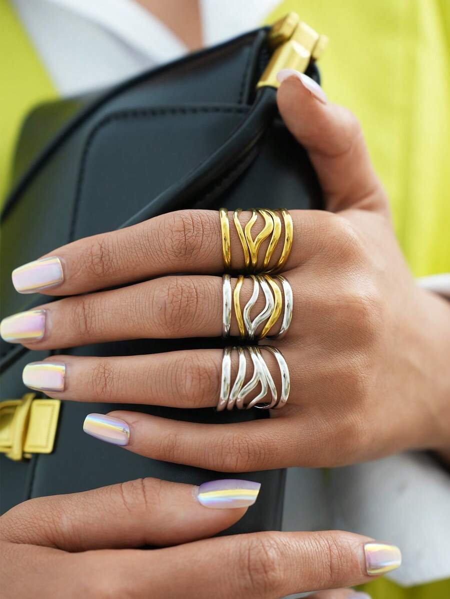 Frminee 3pcs/1pc Women's Line Geometric Gold Stainless Steel Ring Jewelry, Thick Personalized Minimalist Style, Suitable For Daily Wear,