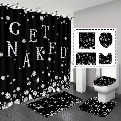 1pc/4pcs Bathroom Curtains Shower Set, Shower Curtain Set, Bathroom Decor, Bathroom Rug, Home Decor, Bath Mat, Diamond & Letter Pattern, Gift, Themed Decoration, Bathroom Set, Comes With 12 Hooks