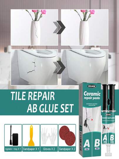 EELHOE 1pc/2pcs Tile Repair AB Glue Kit, Can Repair Tile Detachment, Cracks, Baseboards Falling Off, Tile Hollowing, Suitable For Tile Installation. Squeeze And Mix The Product Evenly. Use A Scraper To Apply It Evenly On The Surface. Let It Dry, Then Sand The Surface Smooth. Quick Crack Repair, Heat & Cold Resistant, Suitable For All Seasons. An Excellent Gift For Family And Friends During Holidays. Metal Tile Crack Filler Sealant Adhesive Glue