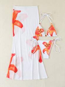橙色百合印花三件套比基尼：挂脖泳衣、雪纺长裙、浪漫沙滩装 - 彩色 - 查看 2