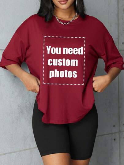 Customized Women Plus Size Round Neck Mid-Sleeve Top, Add Your Own Photo (Badge/Company Logo/Family Photo/Selfie), Suitable For Anniversary, Mother's Day, Birthday, Holidays, Spring/Summer