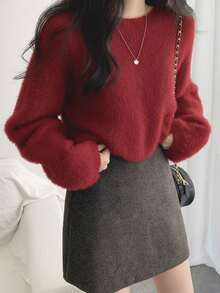 女式纯色马海毛圆领毛衣，秋冬 - 紅色 - 查看 7