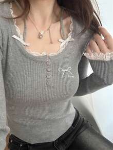 女士蕾丝拼接蝴蝶结高领长袖修身针织衫，秋冬款 - 灰色 - 查看 2