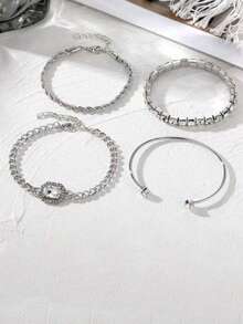 4pcs Set Of Punk Style Exaggerated Braided Rhinestone & Zirconia Bracelets