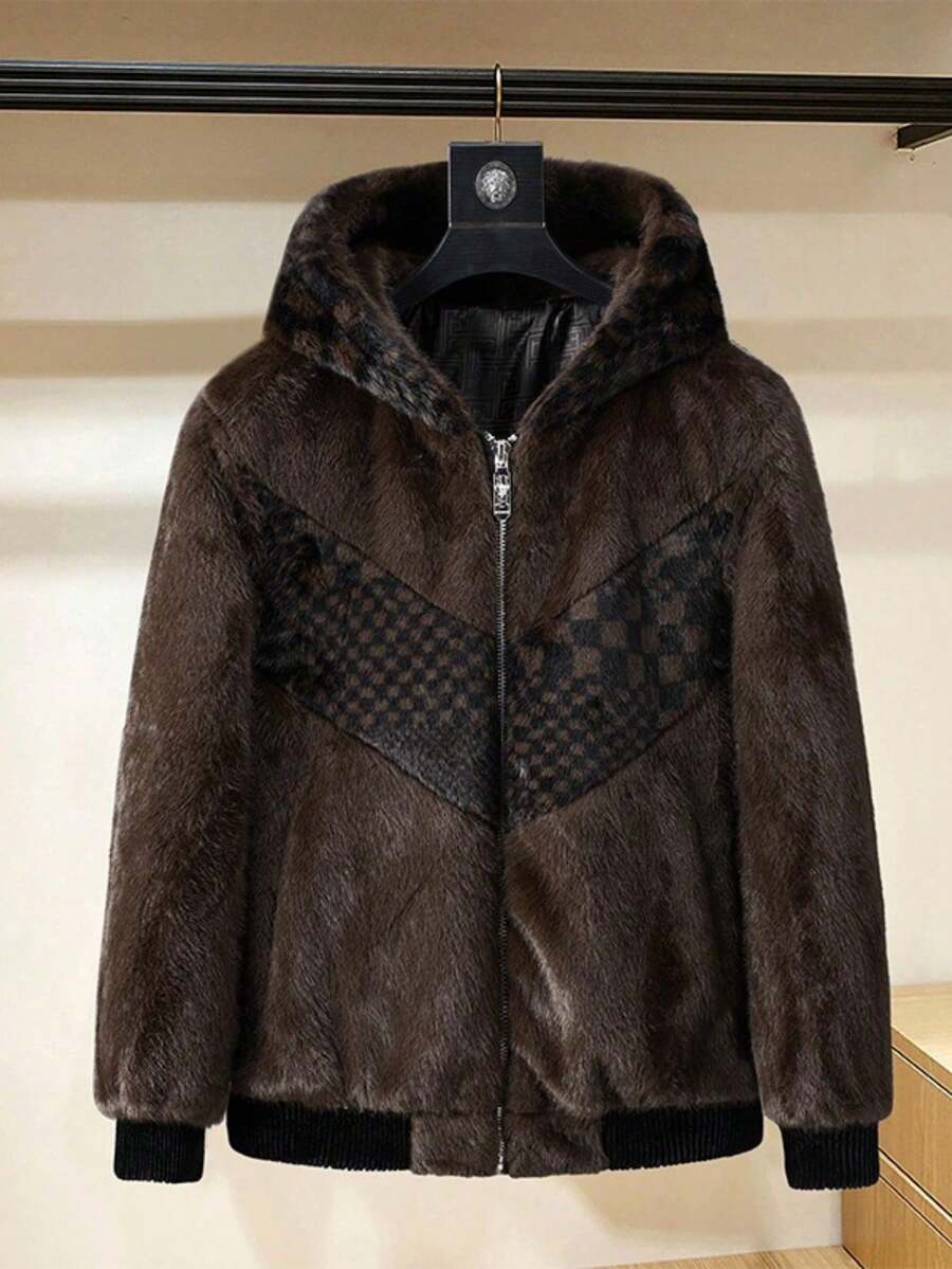 Chamarra Tipo Piel de Visón con Capucha para Hombre | Abrigo de Invierno Acolchado, Caliente y con Diseño en Dos Tonos - marrón café - Ver 1