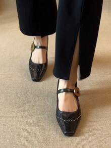 5厘米方头铆钉低鞋面单带复古细跟通勤玛丽珍鞋 - 黑色 - 查看 3