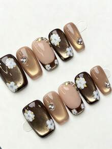 10片装可爱手工按压式美甲，日式柔美风格樱花图案闪粉假指甲，镶嵌水钻，女士适用 - 彩色 - 查看 4