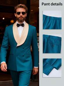 Men's Suit Shawl Lapel Double-Breasted Blazer & Pant Set - Formal 2-Piece Tuxedo With Wafer Knit Texture For Weddings & Black Tie Events - Màu xanh bạc hà - Xem 3