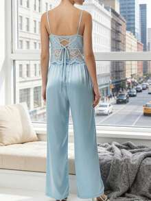 Women's 2-Piece Summer Pajama Set Sleeveless V-Neck Lace Patchwork Cami Top Drawstring Waist Pants Loungewear - Sky Blue - View 2