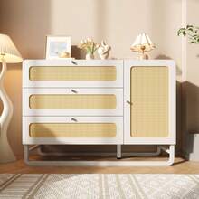 White Rattan Chest Of Drawers With Gold Handles, Country Style, With 3 Drawers And 1 Door, Height-Adjustable Shelves And Anti-Tip Device, 120x85x40 Cm (W/H/D)