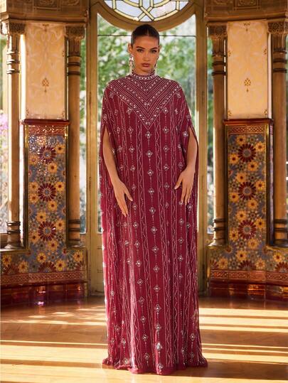 Faeriesty Vestido de noche formal de lujo para mujer, adornado con rhinestones, con un elegante cuello mao y mangas de murciélago dramáticas, adecuado para eventos de alfombra roja, bodas, galas, sesiones de fotos nupciales y ocasiones formales.