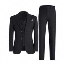 2026 Trending Men's 3-Piece Suit Set - Peak Lapel Blazer, Vest & Dress Pants | Classic Solid Formal Wear For Wedding Guest, Business & Prom (Easy-Care Poly-Viscose Blend) - 黑色 - 查看 17