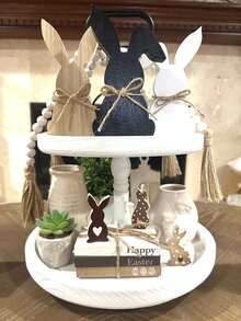 3件套复活节家居装饰，复活节兔子木质桌面摆件，三层托盘农舍风格装饰，礼品，黑色，复活节家居装饰，春季装饰，生日派对装饰，白色，原木色 - 彩色 - 查看 6