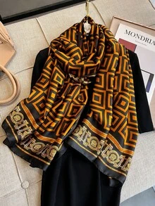 1条几何图案印花仿丝围巾，女士时尚披肩，适合海滩、防晒、空调等场合，多功能围巾 - 彩色 - 查看 6