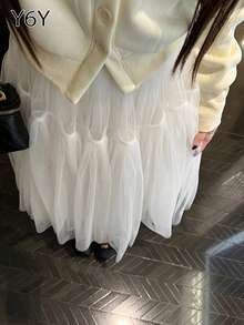 [Y6Y] Elegant Casual Women's A-Line Mid-Length Tulle Flared Skirt, Suitable For Spring/Summer Ethereal Goddess Outfit