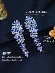 1 Pair Light Purple Cubic Zirconia Flower Cluster Long Chandelier Drop Earrings, CZ Dangle Silver Plated Wedding Elegant Jewelry For Women Brides Bridesmaids Engagement Banquet Pageant Party Prom To Bridal Girlfriends Fiancee Wife Gift - Mauve Purple - View 7