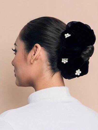 1pc New Solid Color Pearl Crystal Satin Scrunchie, High Elasticity Korean Style Hair Tie Accessory