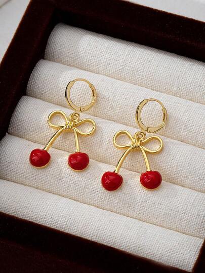 一对红色樱桃水滴耳环，可爱精致的蝴蝶结设计耳环，甜美优雅的女士耳环，派对和情人节礼物