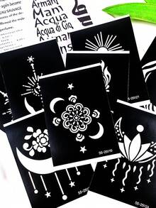 Juego de 8 plantillas de tatuajes temporales con patrones de estrellas, lunas y flores - Textura hueca delicada, reutilizables, aptos para tatuajes personalizados DIY, fiestas y decoración corporal diaria, fáciles de crear efectos de tatuaje únicos y exquisitos - Negro - Ver 9