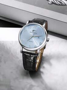 RICECGO 1pc Men's Quartz Watch, Round Dial With PU Leather Strap, Casual Date Display, Suitable For Daily Wear And Holiday Gifts