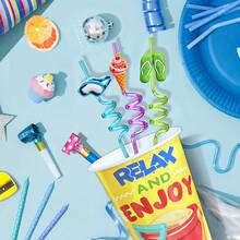 8个杯子和8根吸管夏季海滩套装，夏威夷主题海滩派对用品，可重复使用的海滩派对杯，生日派对糖果杯，居家及活动派对必备套装，精美礼品 - 彩色 - 查看 7