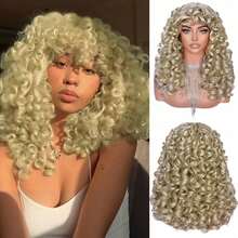 18 Inch Curly Wavy Golden Blonde Wig, Women's Fluffy Big Curl Wig With Bangs, Soft Synthetic Fiber Wig, Suitable For Christmas. Natural Fashionable Wig, Party Wig. - Gold - View 2