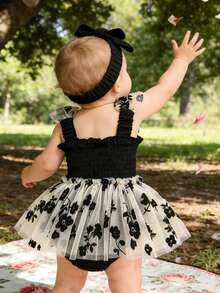 2er/Set, Baby Mädchen, weich und bequem, lässig elegant süß, Schleifen-Dekor Blumenstickerei Rüschen Baumwolle Trägerkleid Romper und Stirnband Set, Baby Mädchen Kleidung, Baby Zubehör, Baby Kleidung, Baby Party Outfit, Baby Fotografie Outfit, geeignet für Sommer Alltag, Urlaub, Party, Fotoshooting, Outdoor Aktivitäten - Verschiedenfarbig - Übersicht 3