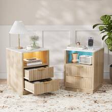 VOWNER Fluted Nightstand With RGB Lighting & Power Outlet, 2 Drawers For Storage, Bedside Table, Modern End Table For Bedroom, Living Room, Gifts For Christmas - 橡木色+白色大理石 - 查看 10