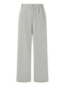 Men's Linen Pants Solid Color Pleated Mid Waist Straight Leg Casual Trousers With Pockets For Daily Office - 灰 - 查看 2