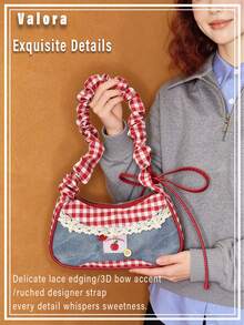 Cute Plaid Shoulder Bag For Women, Stylish Crossbody Bag With Lace And Denim Design, Korean Fashion Kawaii Mini Handbag , Small Square Purse For Commuting Soft Shoulder Strap  Birthday Gift Valentine's Day Gift - 彩色 - 查看 4
