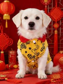 Pet Vest Teddy Bear Print Fleece Jacket, Red & Yellow, Festive For Spring Festival, Warm For Small Cats & Dogs In Winter - Yellow - View 3