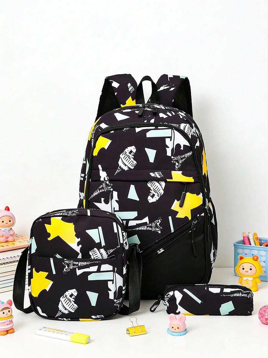 3pcs/Set Kids Fashionable Printed School Backpack Set - Multicolor - View 1