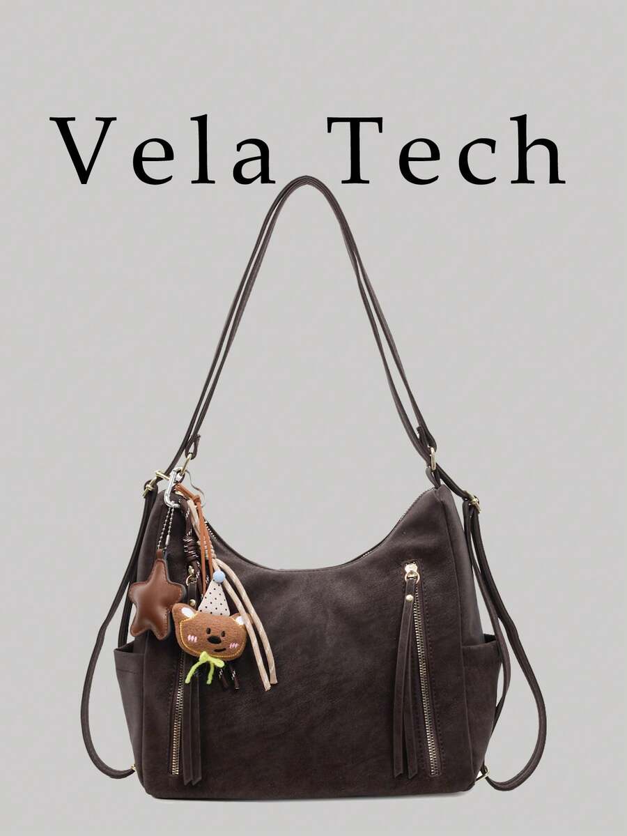 新款女士手提包，大容量通勤小众设计单肩包，休闲百搭简约时尚斜挎包，舒适PU材质，纯色设计，拉链闭合，可调节长肩带，多功能大容量背包，线上热门带吊坠手提包 - 咖啡 - 查看 1