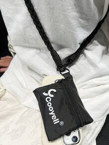 1 Set Black Woven Nylon Phone Lanyard Strap + Square Pouch Wallet Coin Purse Earphone Card Holder, Unisex - Black Braided Long Rope + Square Bag - View 4