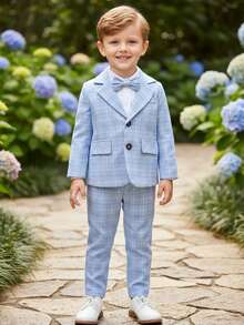 BOARNSEORL 三件套男童绅士套装：白色衬衫配领结、西装外套和西裤，时尚百搭，适合生日派对、周岁生日、婚礼、宴会等场合。 - 淺藍色 - 查看 10