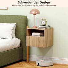 Bedside Table, Handle-Free Design, Open Compartment, Drawer, Wall Mount, Light Brown - Khaki - View 4