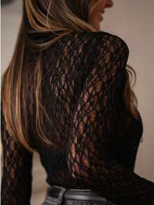 Women's Sheer Lace Long Sleeve Blouse, Elegant Casual Suitable For Daily, Date, Office Wear, Women's Lace Blouse, Women's Elegant Top, Women's Summer & Spring Top Black - Black - View 3