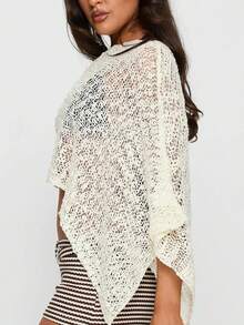 Women Knitted Poncho Loose See Through Boat Neck Off Shoulder Asymmetrical Crop Coverup Tops - trắng - Xem 3