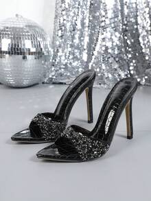 Women's New French Style High Heel Sandals, Sexy Pointed Toe, Rhinestone Decor, Minimalist Open Toe, Versatile Party Stilettos, Black - Black - View 5