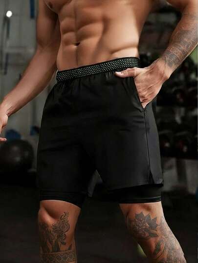 Men's Casual Sports 2 In 1 Shorts, Fashion Fitness Running Elastic Waist Shorts