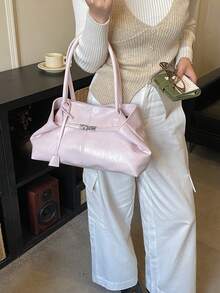 1个女士大容量手提包，PU皮革单肩包，休闲经典简约设计师商务风格包，时尚女士通勤包，黑色、白色、棕色、银色 - 粉色 - 查看 4