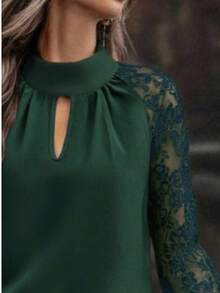 Woman Lace Sleeve High Neck Blouse – Elegant Transparent Floral Mesh Top - Green - View 3