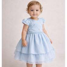 Baby Girl Princess Party Dress With Puff Sleeves, Pearl Appliqué, Layered Tulle Skirt, Lightweight, Full-Fashioned Fabric, Luxurious And Elegant, Defined Waist, Pearl Sash, Classic Style, Charming Look, Sophisticated Outfit, Delicate Appearance, Impeccable Finish, Soft Touch, High Quality, Shine, Comfortable Baby Clothes, Ideal For Christening, Birthday, Wedding, Christmas, New Year's, Ceremony, Special Gift, Photoshoot, Princess Baby Look, Timeless Piece,  Style, Feminine Look, Easy To Wear, Careful Sewing, Secure Closure, Beautiful, Modern, Glamorous Children's Clothing, Festive Look, Stylish Girl, Refined Appearance, Highlight, Important Occasion, Commemorative Outfit, Striking Presence, Complete Baby Look, Charming Piece That Conveys Sweetness And Sophistication, Outfit That Shines And Enchant Mothers And Guests - Màu xanh nhạt - Xem 4