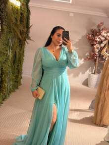 Long Tulle Dress For Weddings, Graduations, Bridesmaids, With Glitter And Long Sleeves. - Màu xanh Cadet - Xem 1