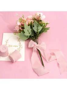 1/2/3 Rolls Handmade Chiffon Ribbon Tassels, 1.5 Inch X 16.4 Feet, Frayed Edges, Suitable For Wedding Invitations, Bridal Bouquets, Gift Wrapping, Crafts, Holiday Decorations, Red, Valentine's Day Party Supplies, Can Be Used For Bridal Bouquets, Gift Wrapping, Wedding Decorations, Crafts. - Baby Pink - View 5