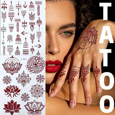 2 stycken bruna Mehndi tillfälliga tatueringar - utsökta lotus- och mandalamönster, dekorklistermärken i hennastil. Lätt att applicera och ta bort, vattenavvisande och långvariga. Perfekt för fester, festivaler och vardagliga outfits, snygg kroppsdekoration med invecklade detaljer.