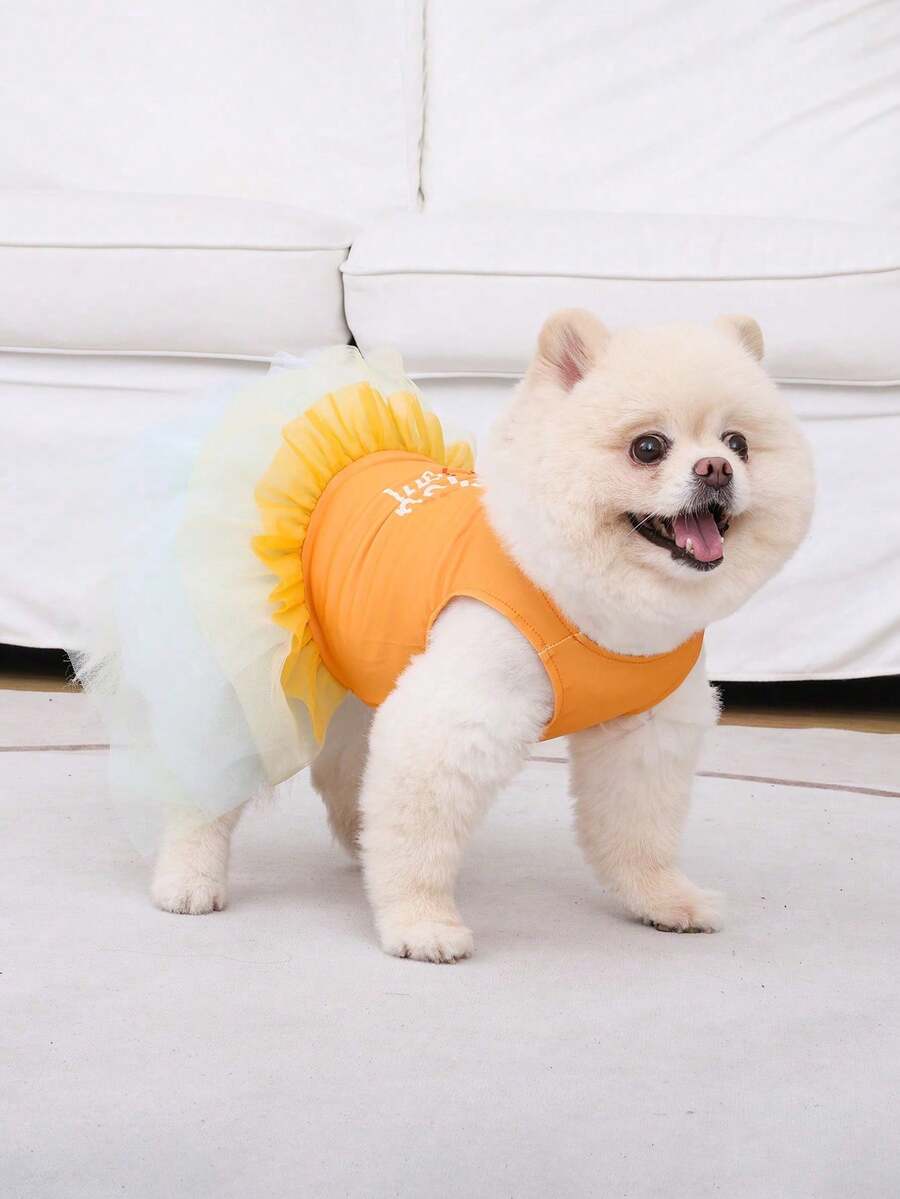 1pc Sleeveless Vest Style, Contrast Color Mesh Skirt Hem, 100% Fluffy, Paired With Lightweight Breathable Fabric, Carefree In Summer Heat, Easy On And Off For Dogs - Multicolor - View 1